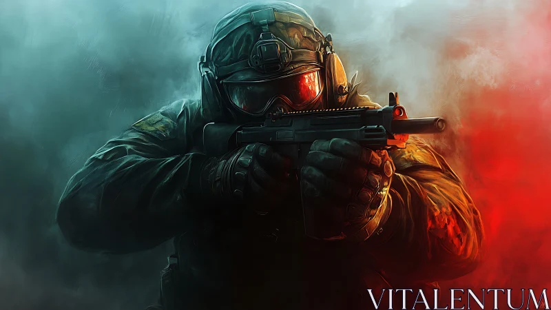 Armored soldier aiming rifle in colored atmospheric haze.