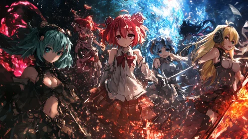 Elemental anime warriors clash amid cosmic firestorm.