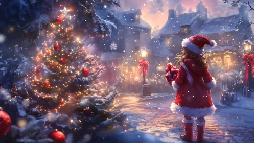 Young girl in red coat observes illuminated village Christmas tree