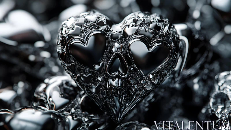 Metallic Heart-Shaped Skull with Heart Details in Dark Artistic Style.