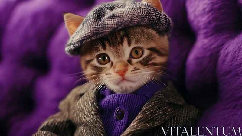 Tabby Cat in Winter Clothing Against Purple Background.