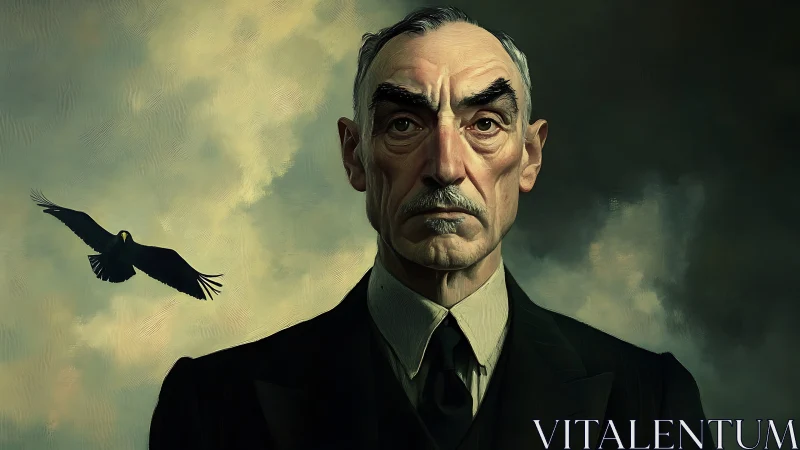 Stern gentleman faces stormy sky as lone black bird circles