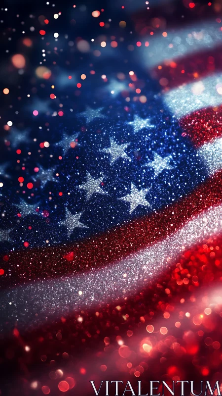 Glittering American flag rendered with high-bokeh depth of field