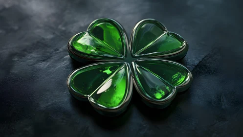 Shiny Glass Four-Leaf Clover on Dark Background, Modern Digital Art.