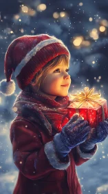 Child holds glowing Christmas gift under softly falling snow