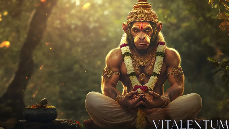 Monkey-headed deity sits cross-legged in forest clearing