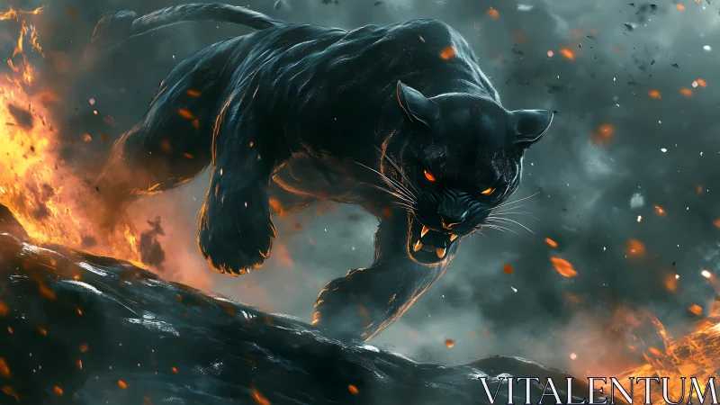 Dark feline figure positioned on black structure amid flame and smoke