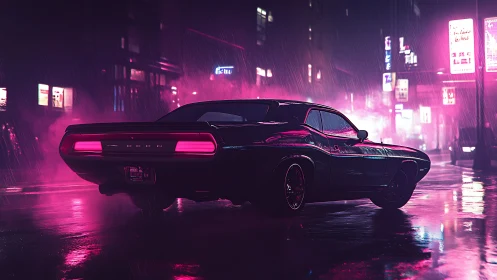 Neon rain muscle car idling in electric midnight streets.
