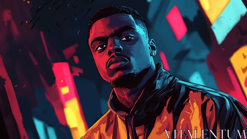 Urban portrait glows in neon-lit cyber aesthetic nightscape.