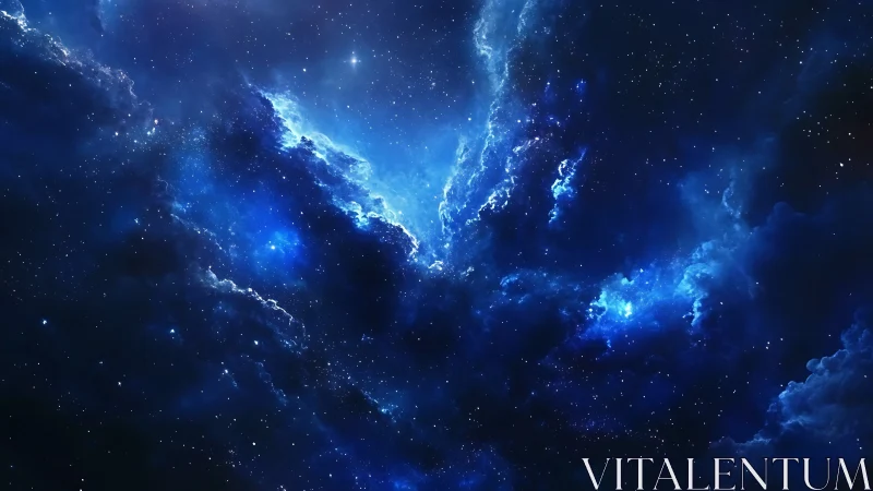 Deep blue interstellar nebula with dense star field.