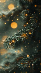Golden bokeh lights drift softly around frosted pine branches