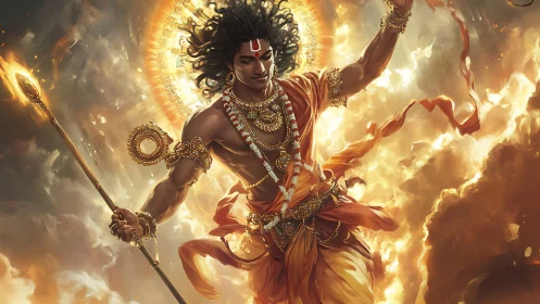 Radiant warrior deity ascends through incandescent storm clouds