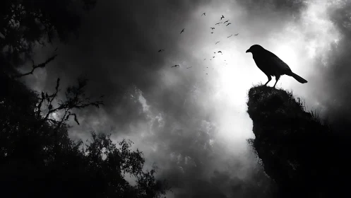 Solitary bird silhouette perched on rocky outcrop against stormy sky