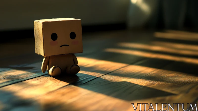 Box-headed wooden toy sits on sunlit hardwood floor