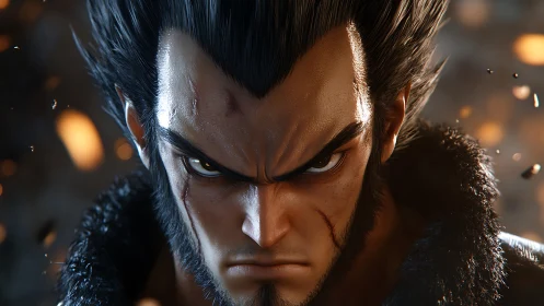 Digital close up shows stern male character with sharp lighting