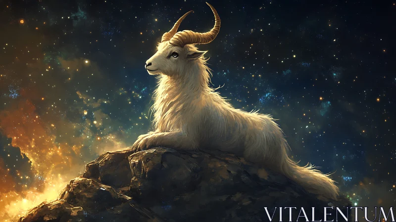 Celestial ram rests on starlit cliff under glowing nebula