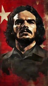 Textured revolutionary-style portrait with grunge red field.