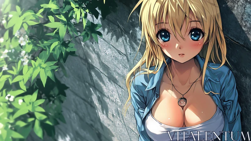 Sunlit anime girl rests quietly against an old stone wall