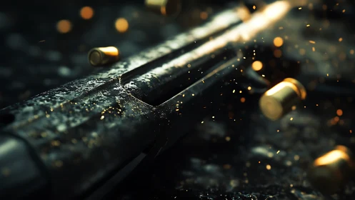 Close-range view of firearm barrel with spent bullet casings.