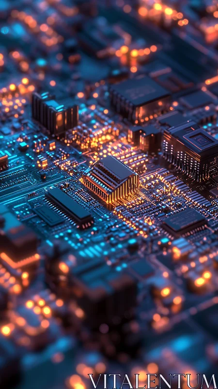 Glowing microchip on circuit board with blue and orange light.