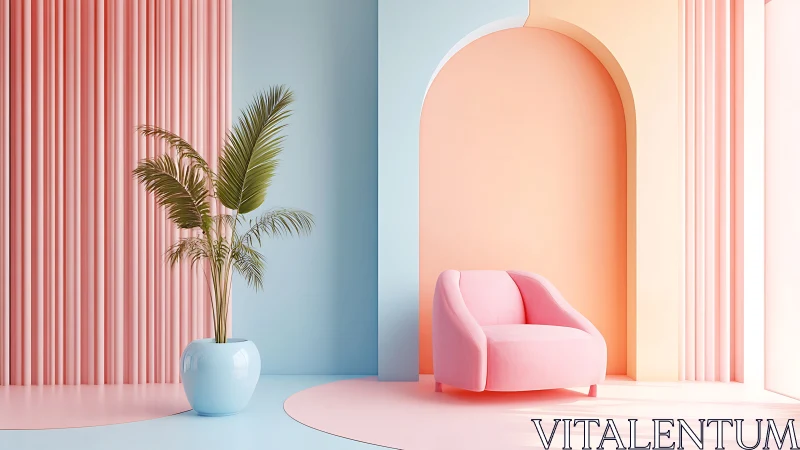 Pastel lounge interior with archway and pink armchair.