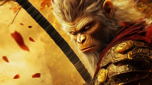 Mythic warrior monkey rendered in fiery golden ambiance.