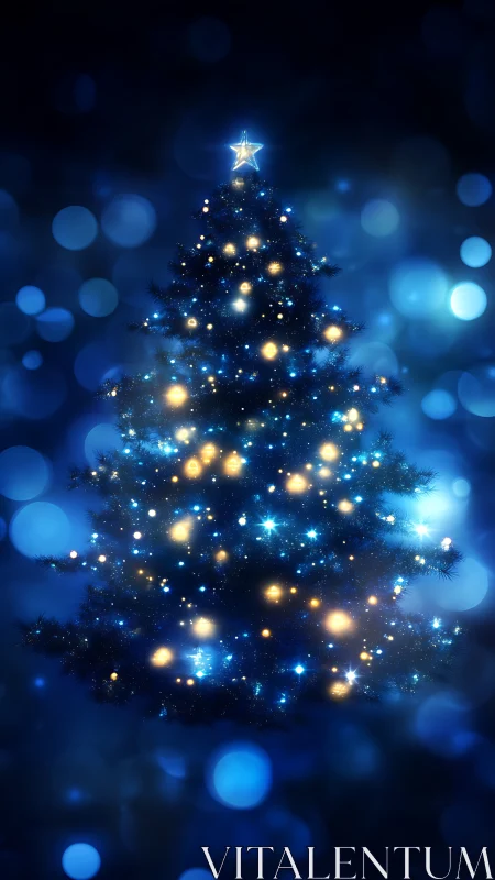 Digital painting of luminous Christmas tree with bokeh field.