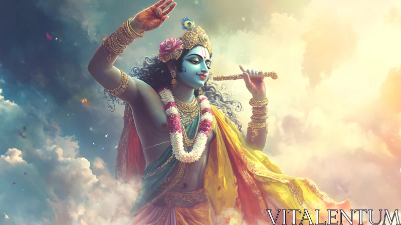 Graceful blue-skinned deity playing a golden flute.