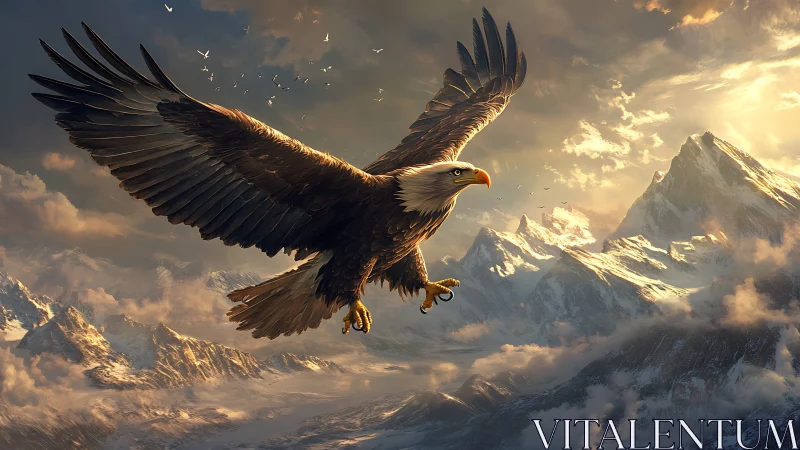 Majestic Bald Eagle Soaring Over Snowy Mountains at Sunrise.