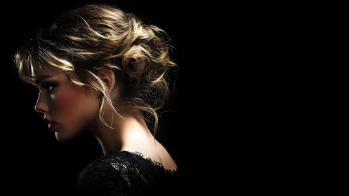 Side profile portrait of woman against black background.