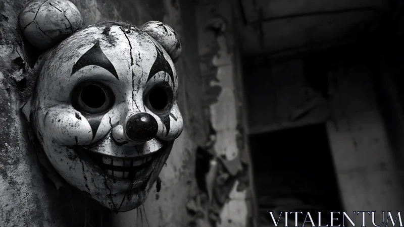 Decayed clown bear mask hangs in dark abandoned hallway