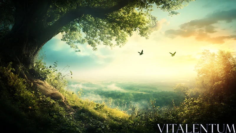 Ancient Cavern Overlook at Golden Hour with Valley Landscape Below