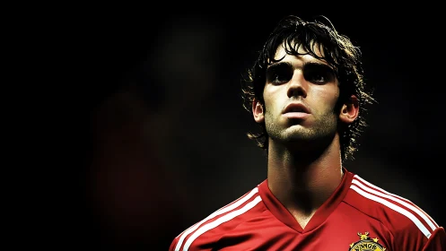 Stadium lights crown a focused footballer in bold red glow