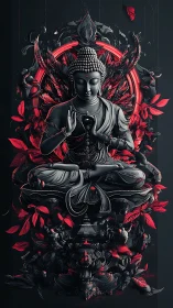 Digital sculptural Buddha with red halo and baroque foliage matrix.