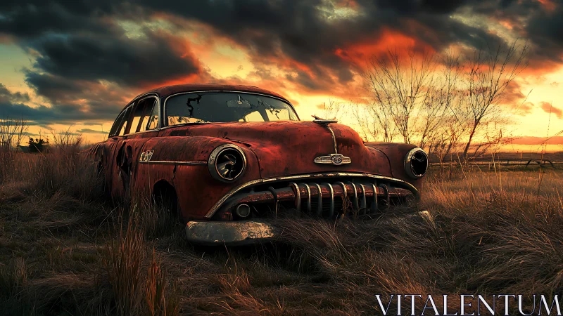 Rusty vintage car in overgrown rural field at sunset.