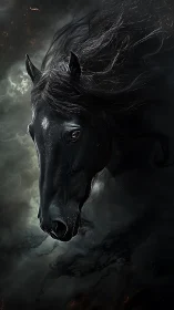 Dark horse head emerges from swirling vaporous background