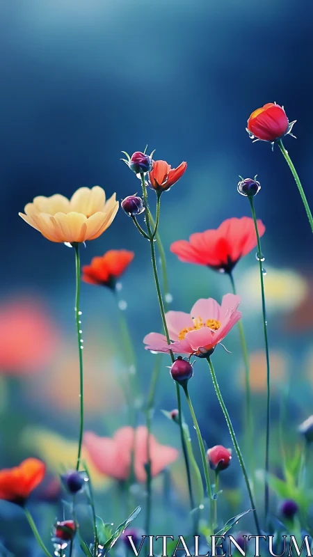 Dewdrop-Laden Blossoms Against Twilight Backdrop.