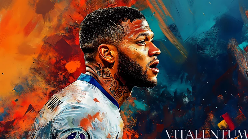 Side profile of footballer in abstract color portrait.