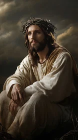 Solitary, contemplative Christ figure rests beneath stormy skies