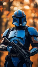 Blue armored sci fi soldier holding rifle in autumn forest.