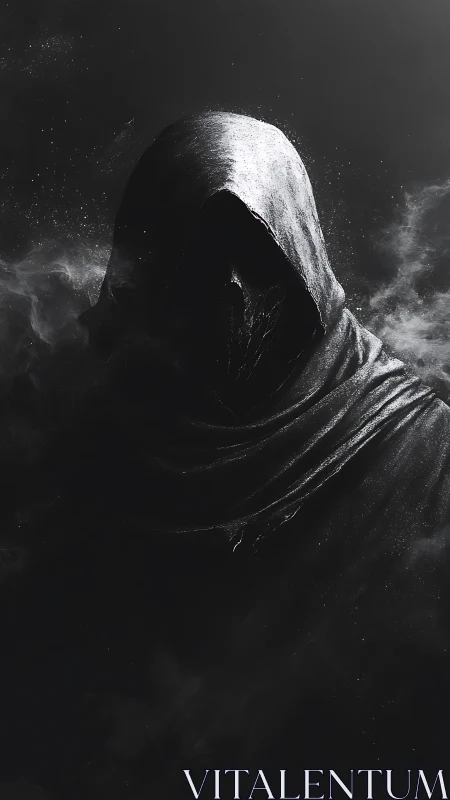 Hooded spectral entity in volumetric chiaroscuro shroud field.