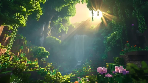 Voxel jungle sanctuary with radiant waterfall light beams.