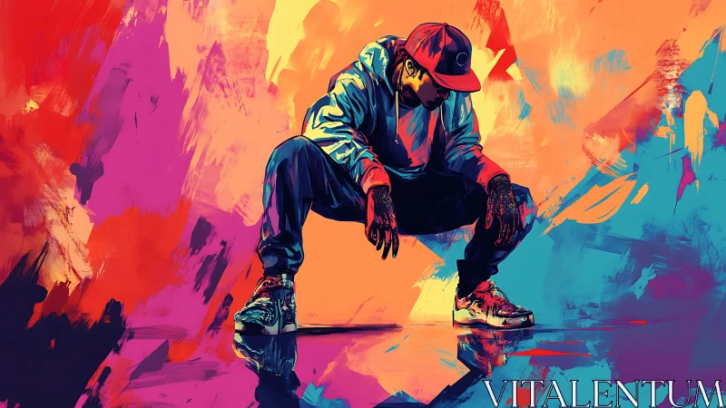 Color-splashed street dancer rests in a bold urban spotlight