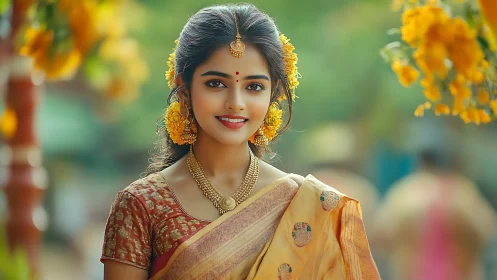 High-saturation portrait of woman in sari with selective depth-of-field