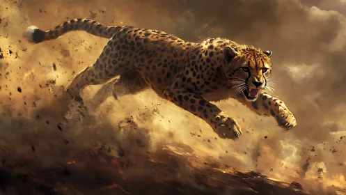 Spotted feline runs through airborne dust and scattered debris