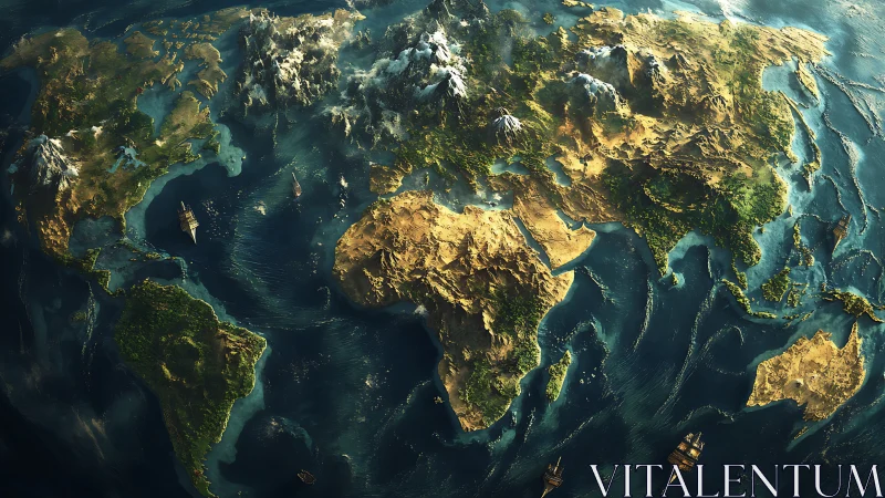 Detailed digital world map with continents and ships.