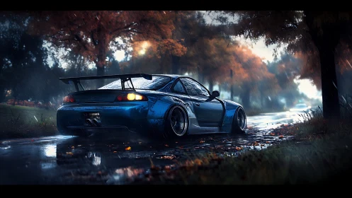 Widebody drift coupe in rain-soaked autumn roadside scene.