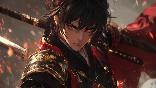 Dynamic anime swordsman portrait with fiery cinematic lighting.