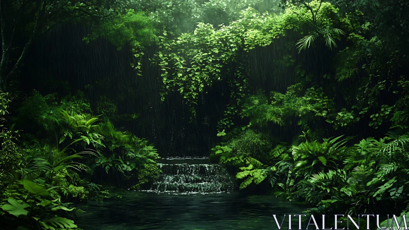 Emerald Canopy Sanctuary: Waterfall Framed by Lush Jungle Foliage