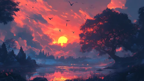 Digital landscape shows silhouetted tree and lake at sunset